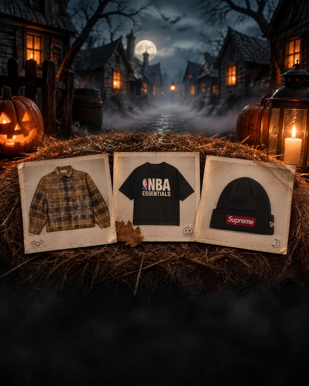 Flanellen hemd, T-shirt en muts als polaroids op een strobaal voor een spookdorp in de nacht