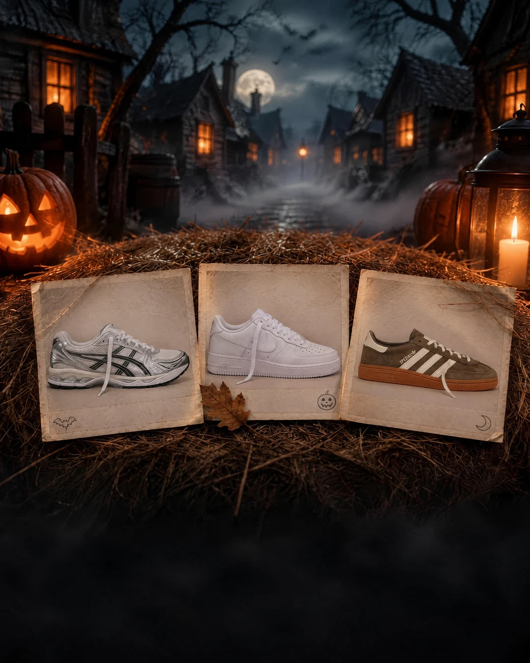 Drie bestseller-sneakers als polaroids op een strobaal voor een spookdorp in de nacht