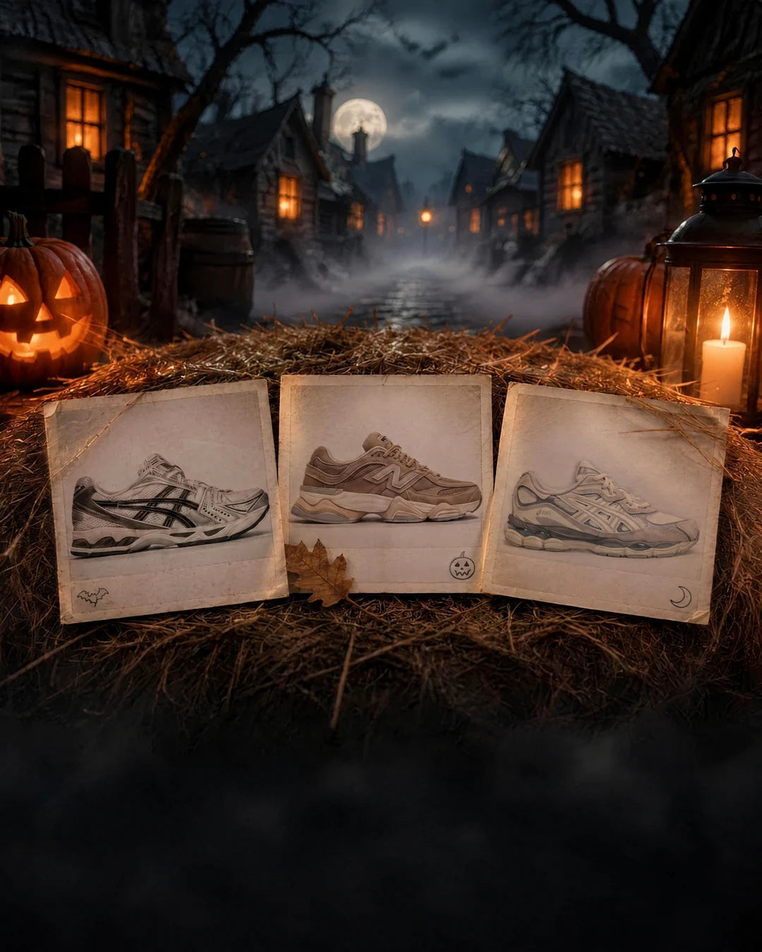 Drie polaroidfoto's van Asics- en New Balance-sneakers op een strobaal voor een spookdorp bij nacht