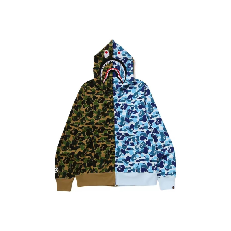 A Bathing Ape Shark Felpa con cappuccio e zip completa Green/Blue Camo