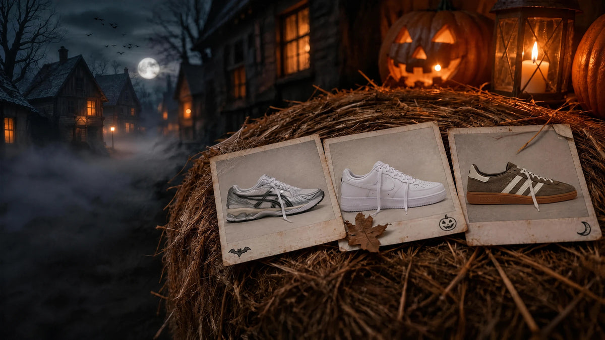 Drie bestseller-sneakers als polaroids op een strobaal voor een spookdorp in de nacht