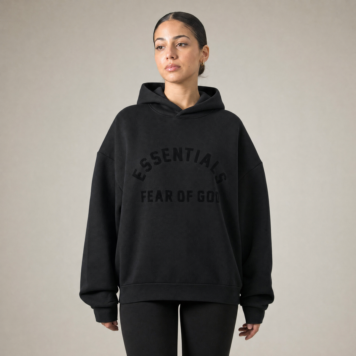 Fear of God Essentials SS24 Jet Black Nylon Fleece Hoodie