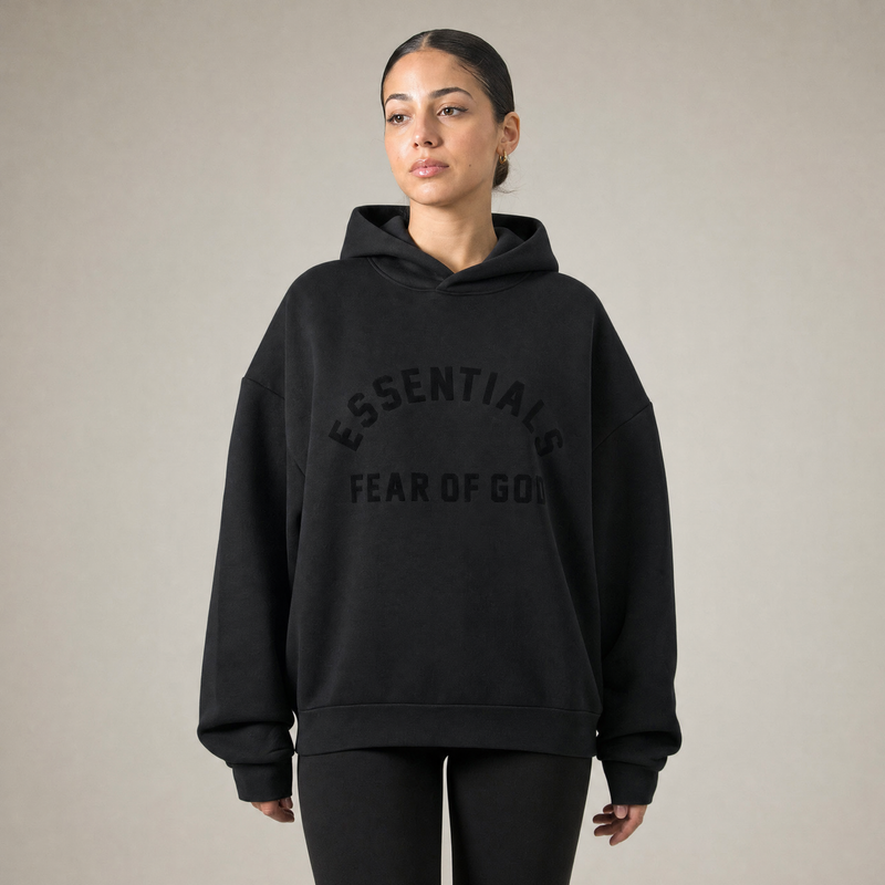 Fear of God Essentials SS24 Jet Black Sudadera con capucha de forro polar de nailon